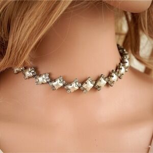Vintage Style Faux Pearl and Rhinestone Geometric Choker Necklace Silver Tone